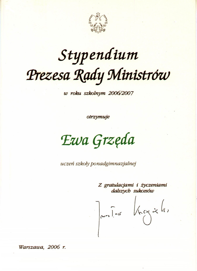 Stypendium dla Ewy Grzędy