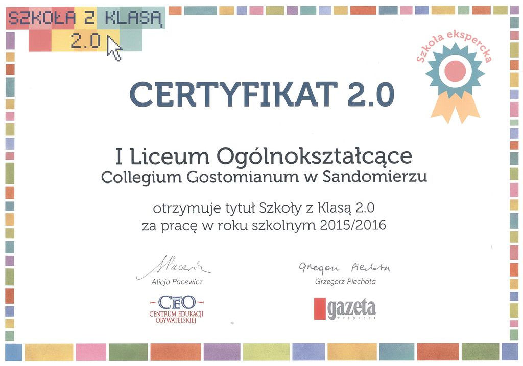 Ceryfikat Szkoła z klasą 2.0 2015/2016