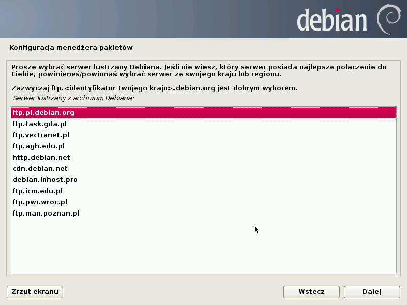 Debian Jessie - wybór serwera lustrzanego