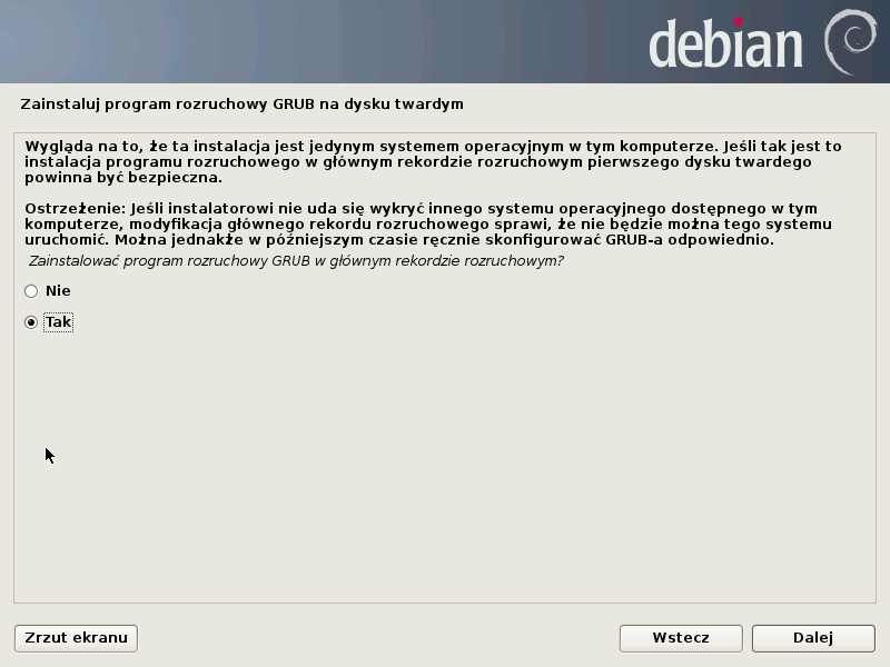 Debian Jessie - instalacja boot menedżera GRUB
