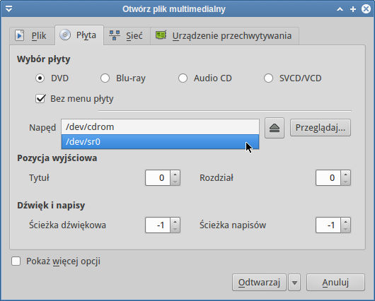 VLC - wybór typu płyty i napędu
