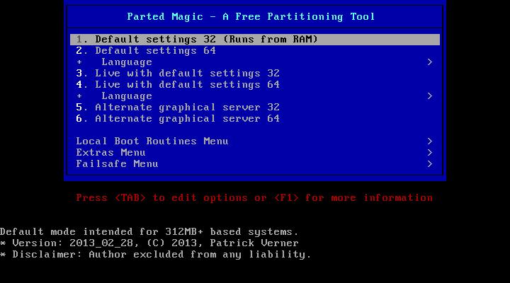 Ekran startowy dystrybucji Parted Magic
