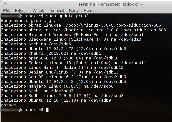 Aktualizacja konfiguracji bootmenedżera GRUB