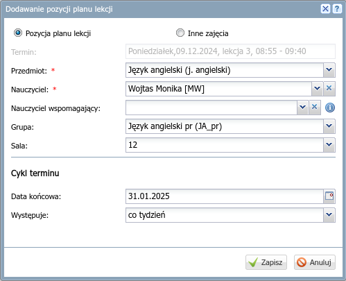 Dodawanie pozycji planu lekcji