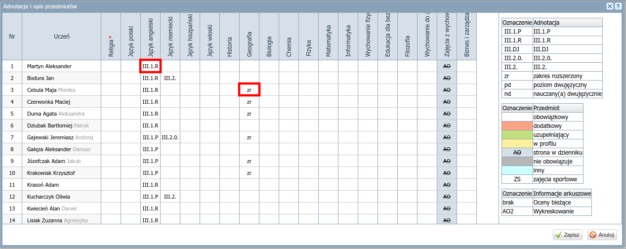 Zmiana oznaczeń przedmiotów
