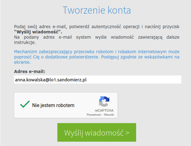 Formularz zakładania konta w dzienniku Vulcan