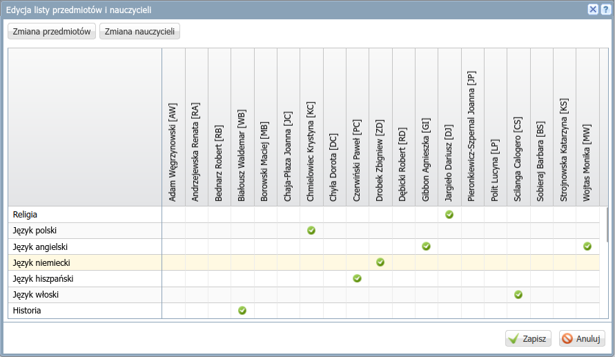 Przypisywanie nauczycieli do przedmiotów