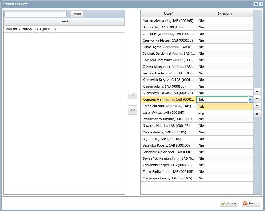 Okno Zmień uczniów